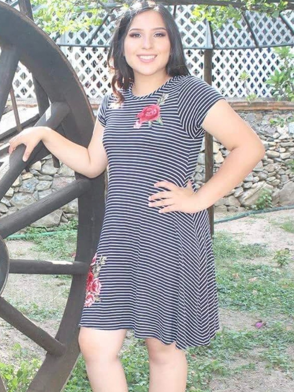 Discreet Navy & White Striped Dress with Rose Appliqués